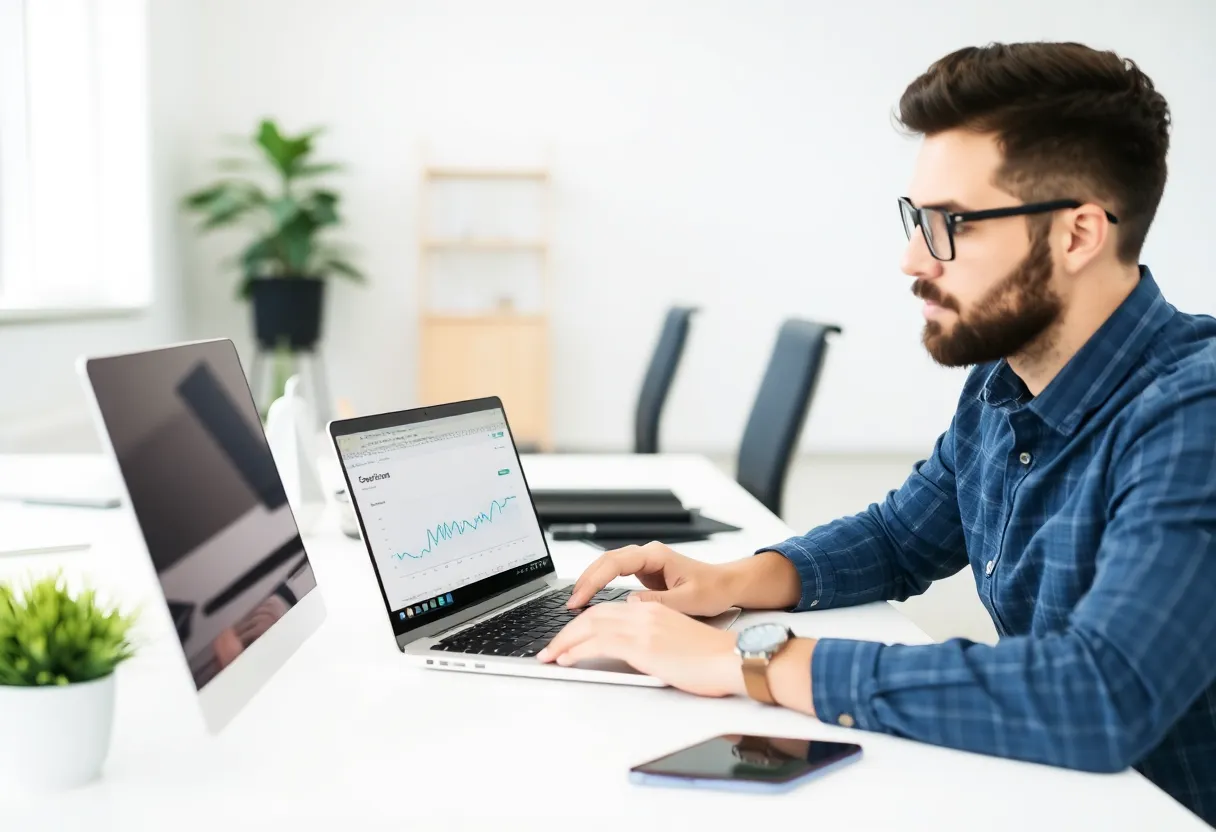 Product manager reviewing conversion metrics on laptop