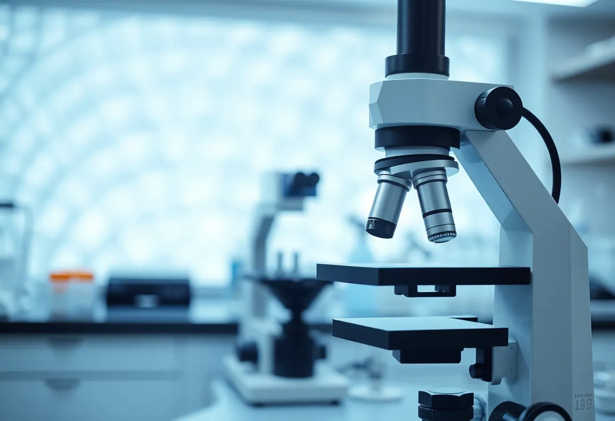 Laboratory microscope with genetic research in biotech lab