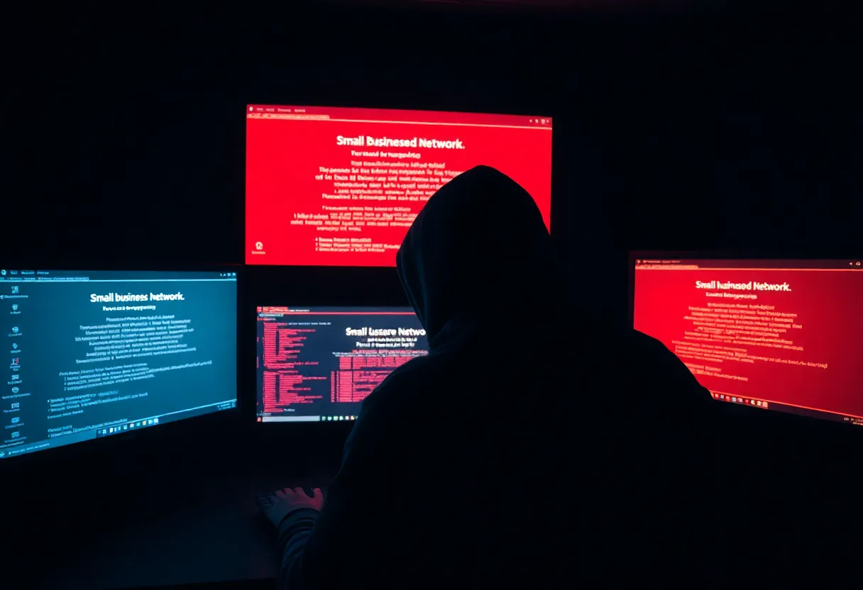 Small business owner looking at locked computer screen with ransomware demand message