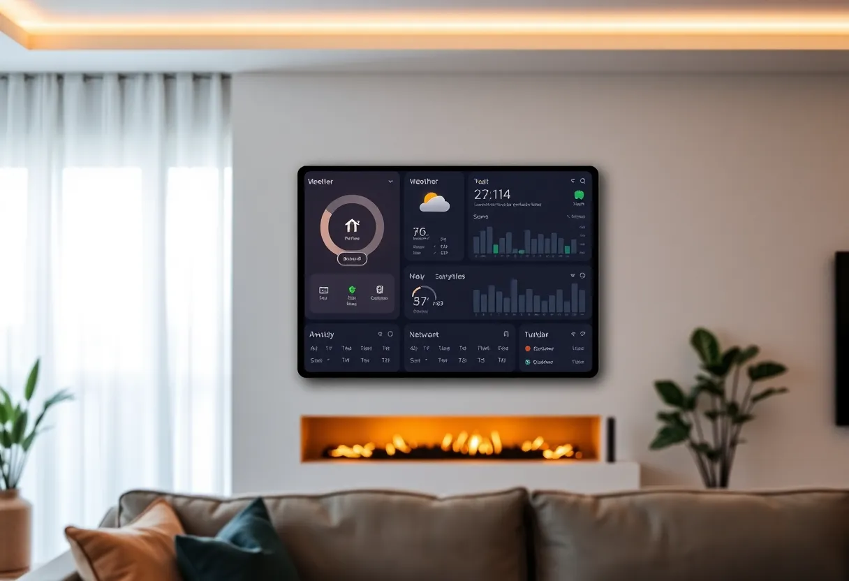 Raspberry Pi single-board computer connected to a small display showing a home automation dashboard