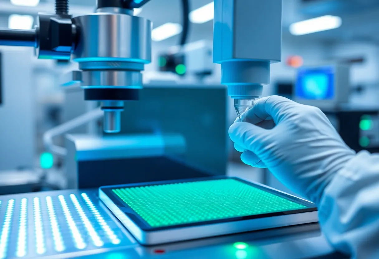 LED wafer with blue and green glow in cleanroom