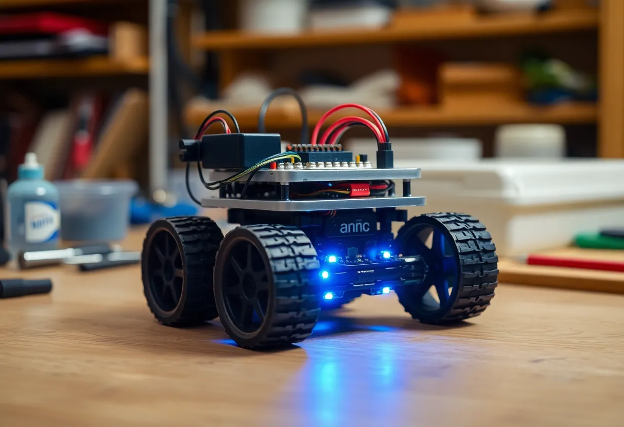 A hobby robot with wheels and sensors on a workbench in a maker space