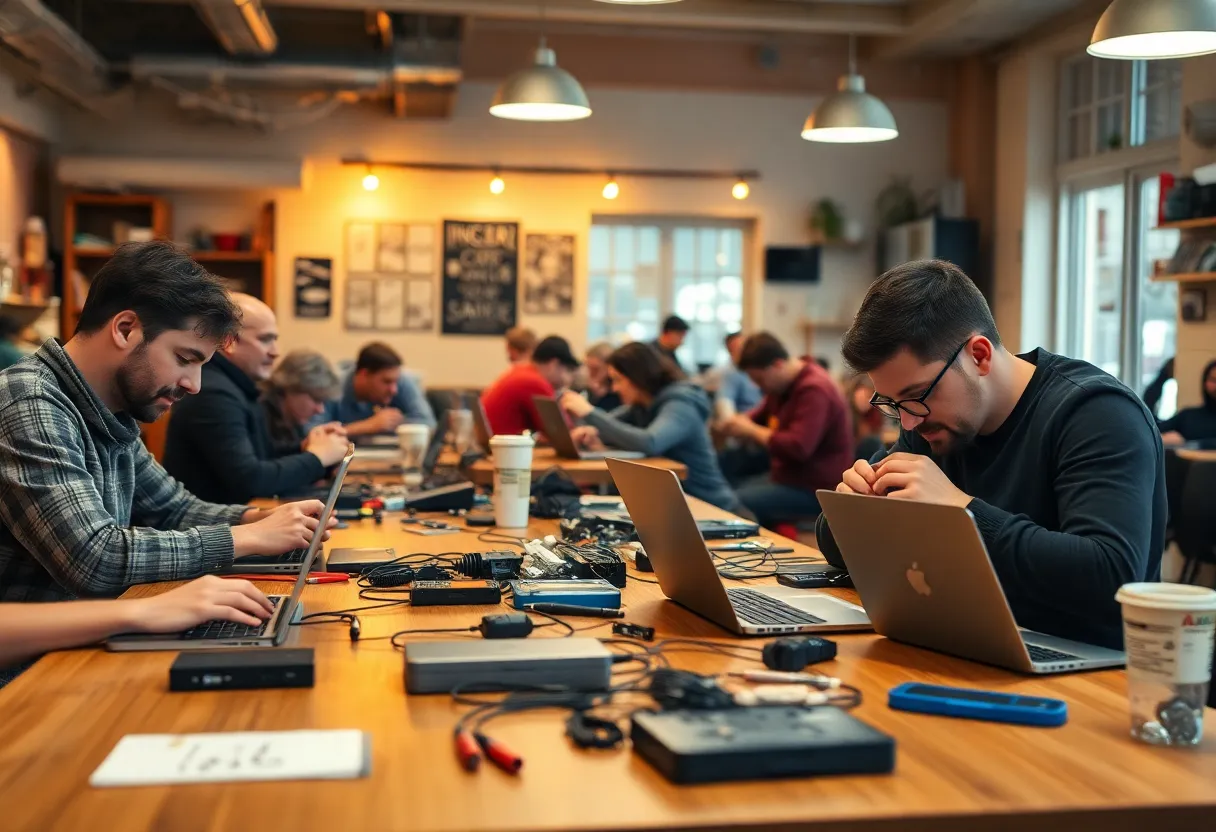 People fixing electronics and laptops at shared tables in a community repair space