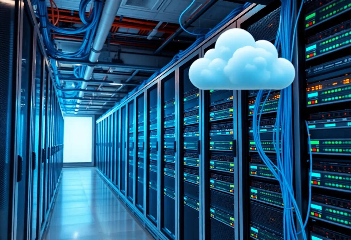 Data center with server racks and cloud infrastructure