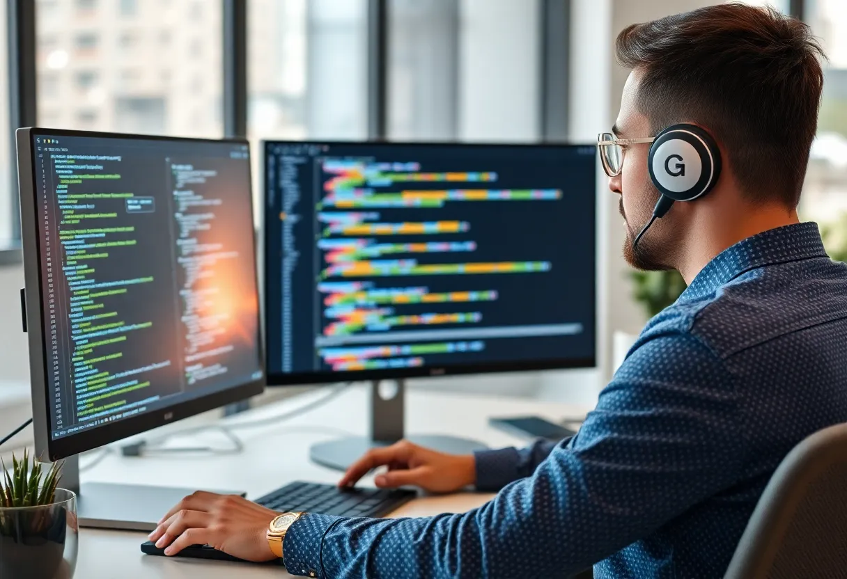 Developer reviewing code on screen with AI assistance