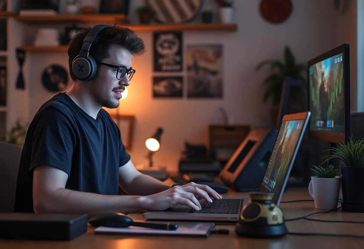 Indie game developer working on laptop in creative workspace