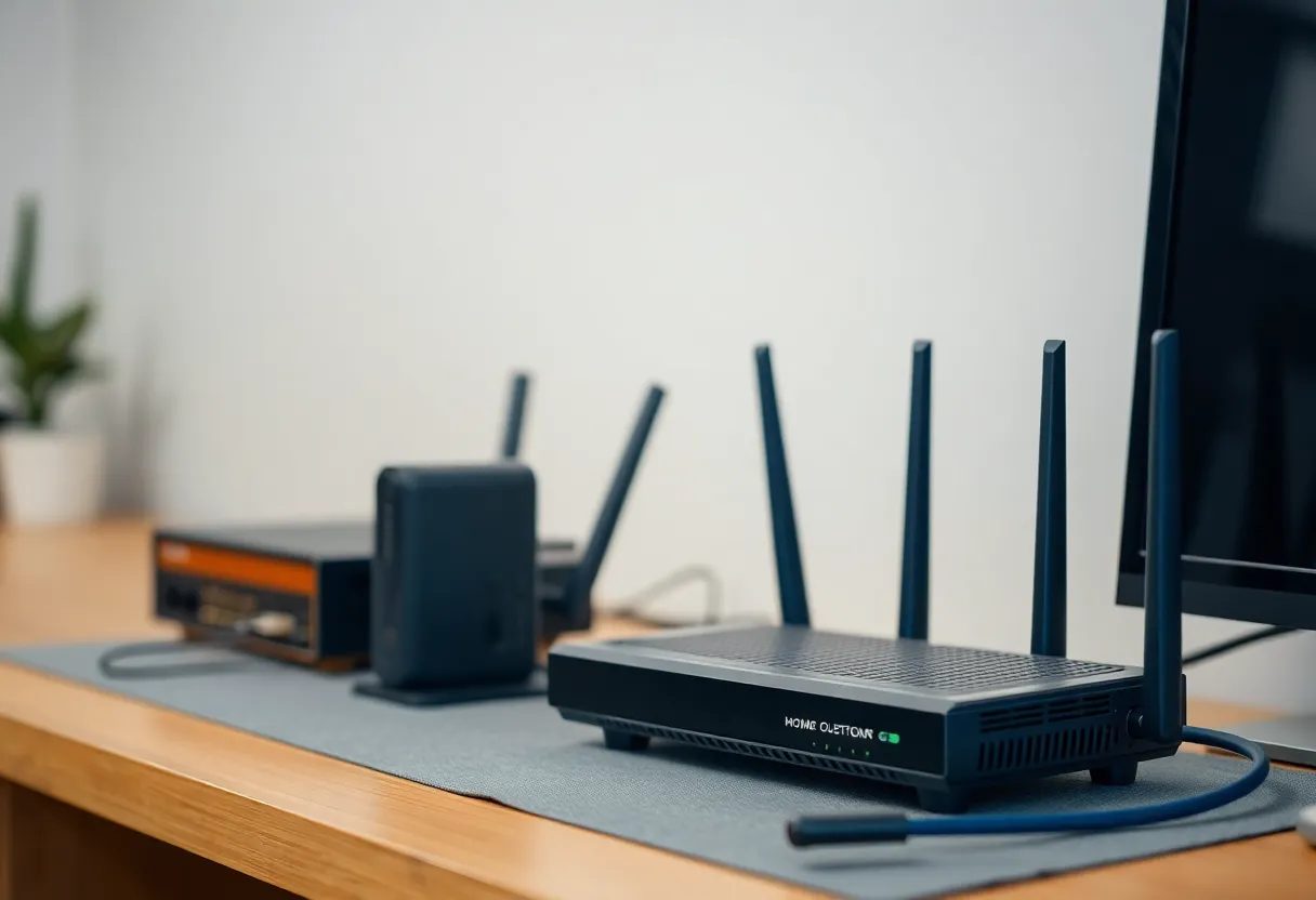 Modem and router on desk, home networking equipment