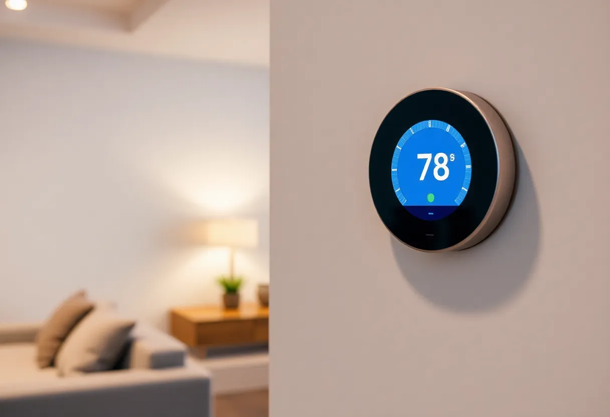 Smart thermostat on wall in modern home
