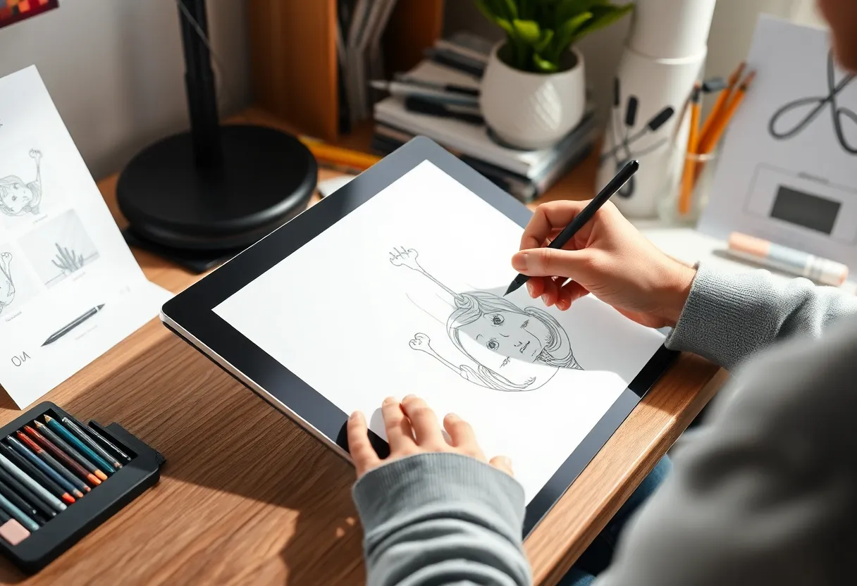 Close-up of digital illustration workflow on a graphics tablet with natural daylight.