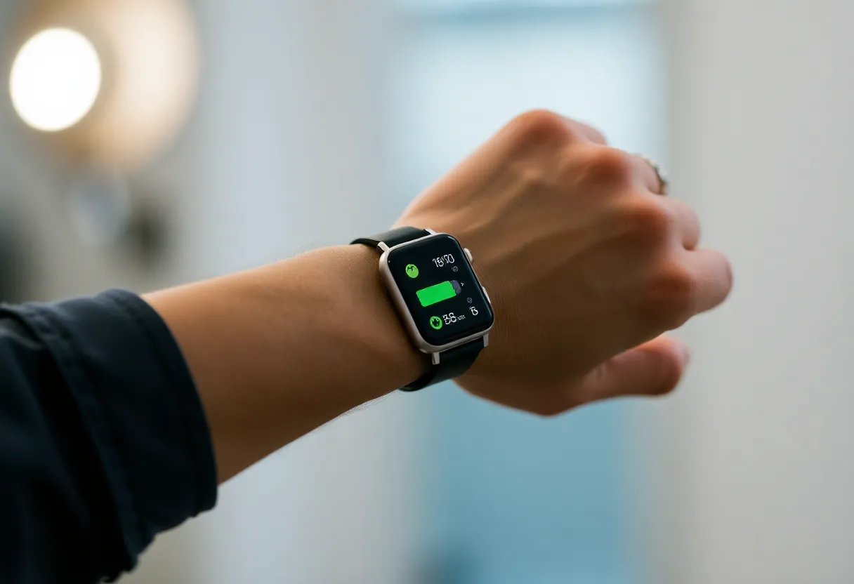 Smartwatch on wrist with battery and notification indicators, indoor setting.