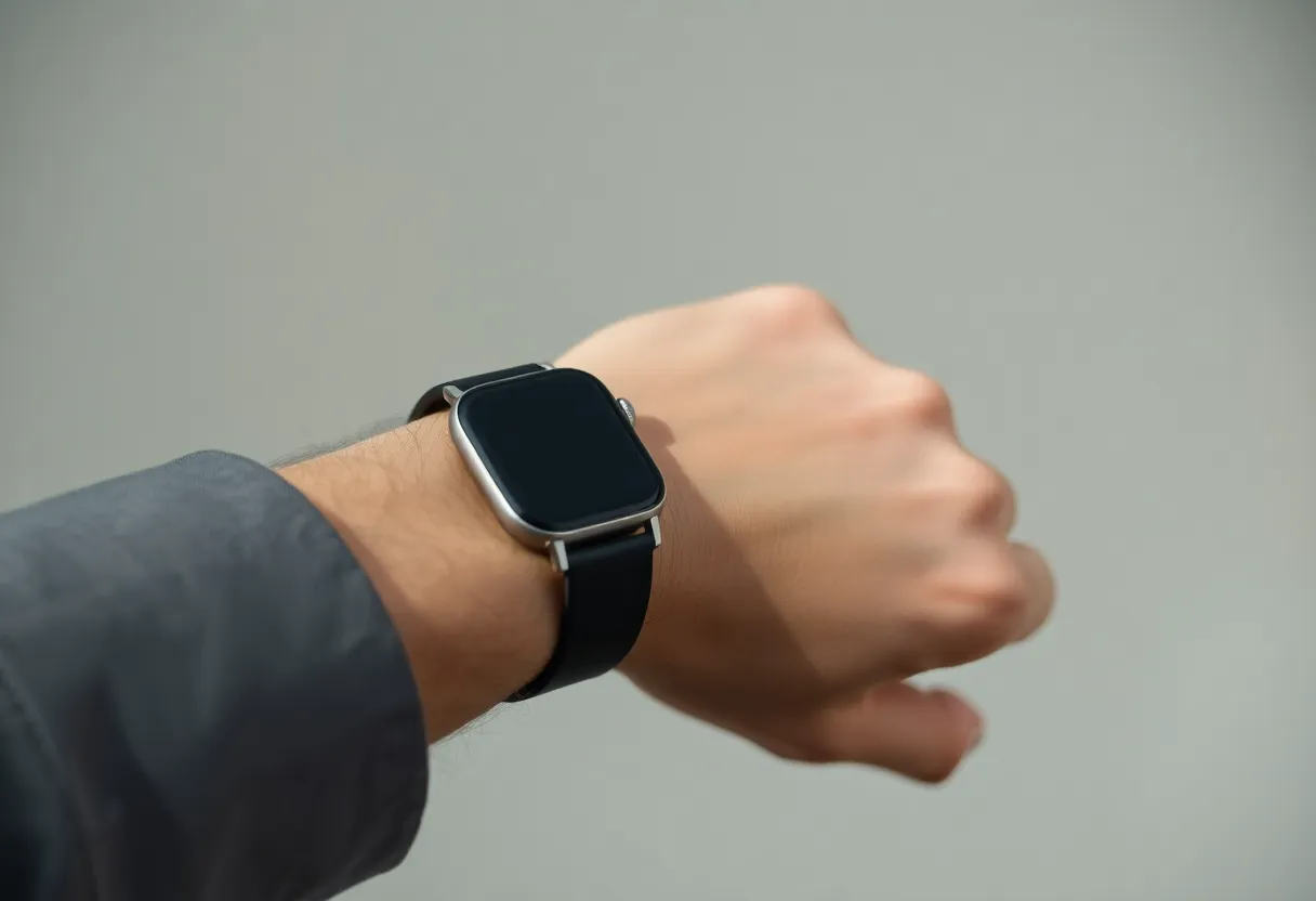 Smartwatch with long battery, minimalist design, clean product shot.