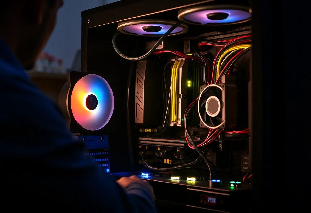 Person building a PC with power supply and components