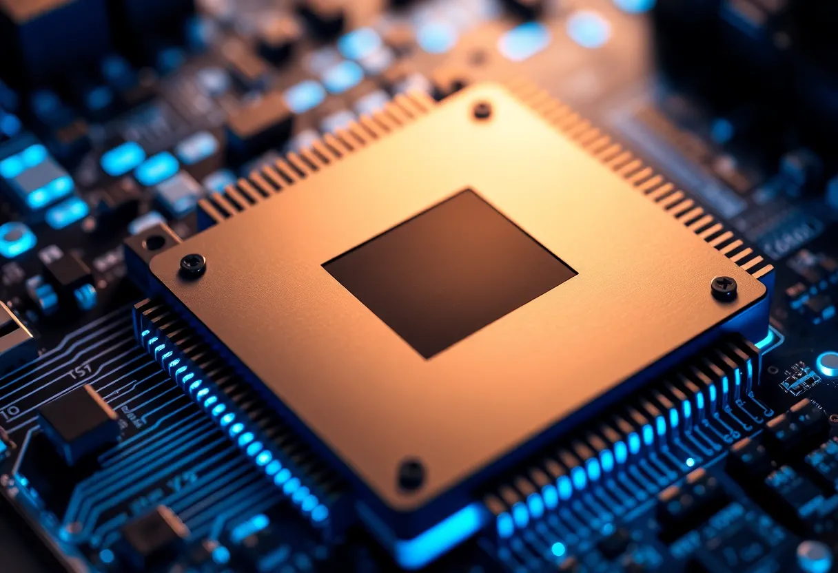 CPU chip die with blue neon glow