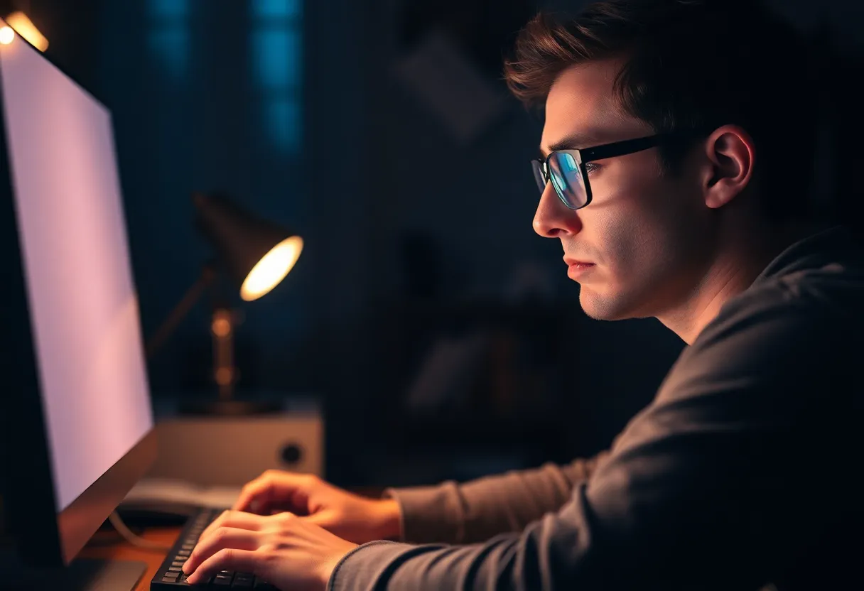 Ergonomic workstation setup with properly positioned monitor, good ambient lighting, and comfortable viewing distance