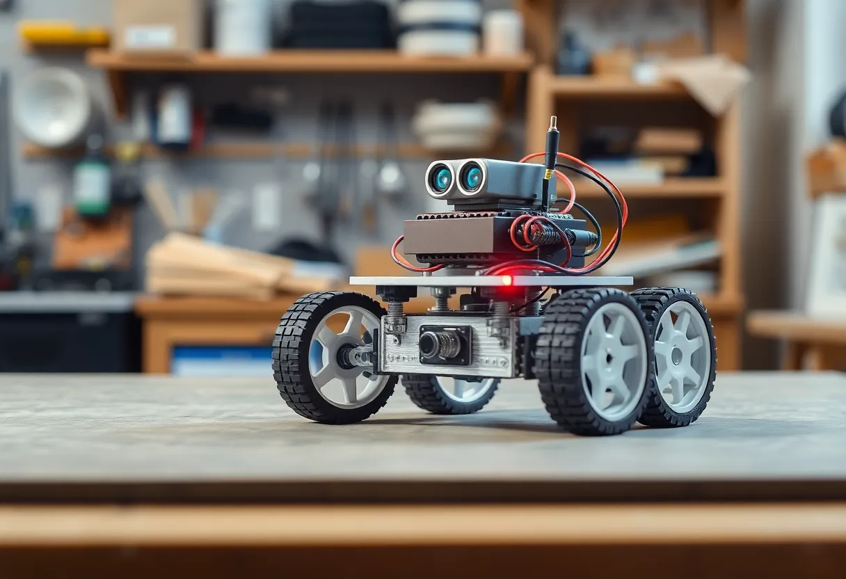 A small wheeled robot with electronics visible on a workshop bench