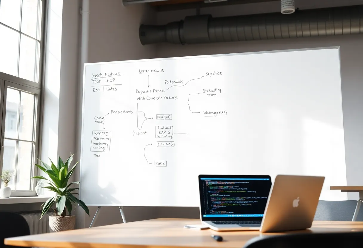 Whiteboard flowchart connecting to laptop with API and code concepts
