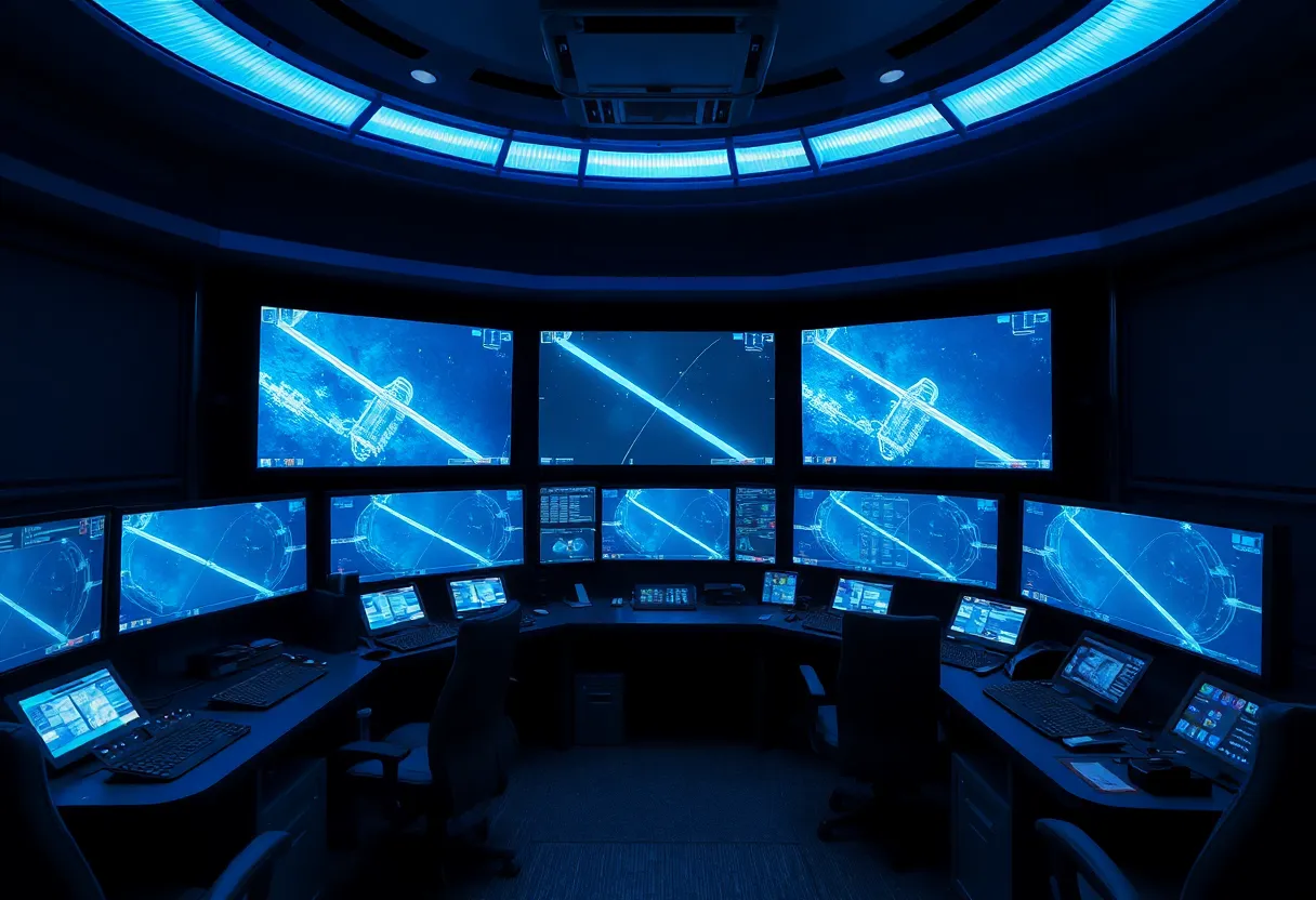 Mission control style room with monitors suggesting trajectory and operations planning