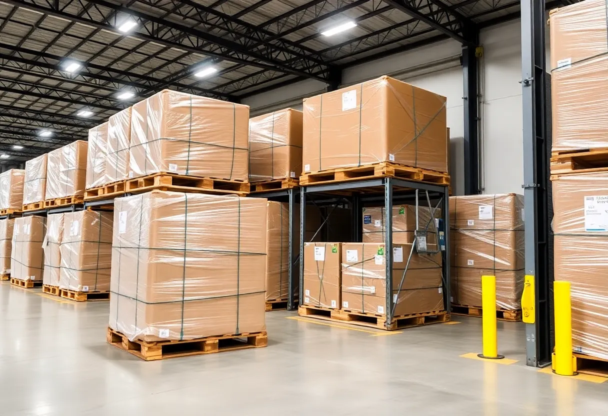 Logistics-style cargo pallets and containers staged in a clean high-tech facility