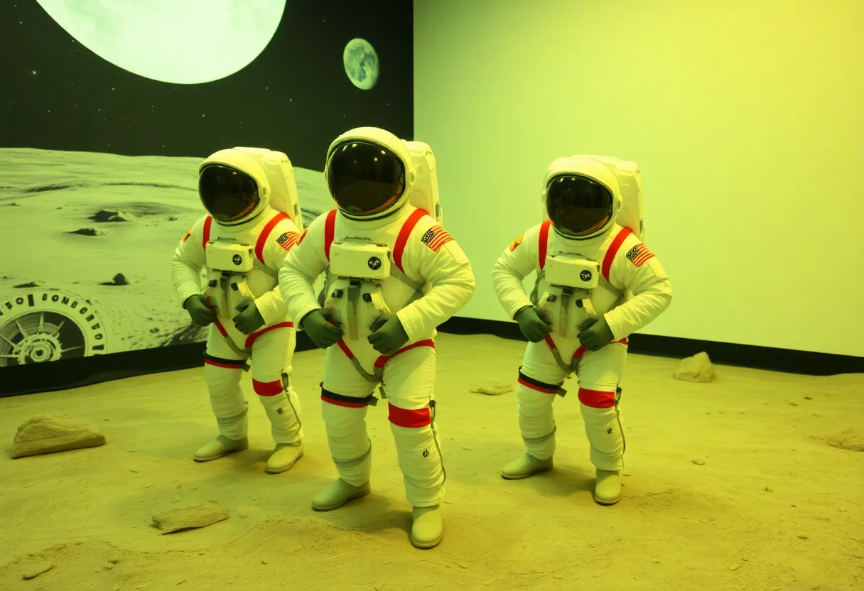 Astronauts training in a facility with lunar surface simulation elements
