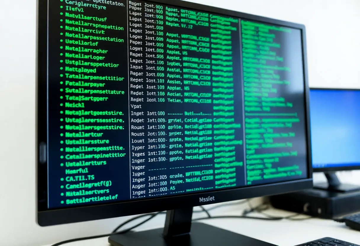 Computer monitor showing scrolling server logs in a dim office