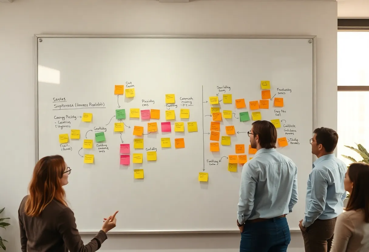 Whiteboard with sticky notes mapping a multi-step business process