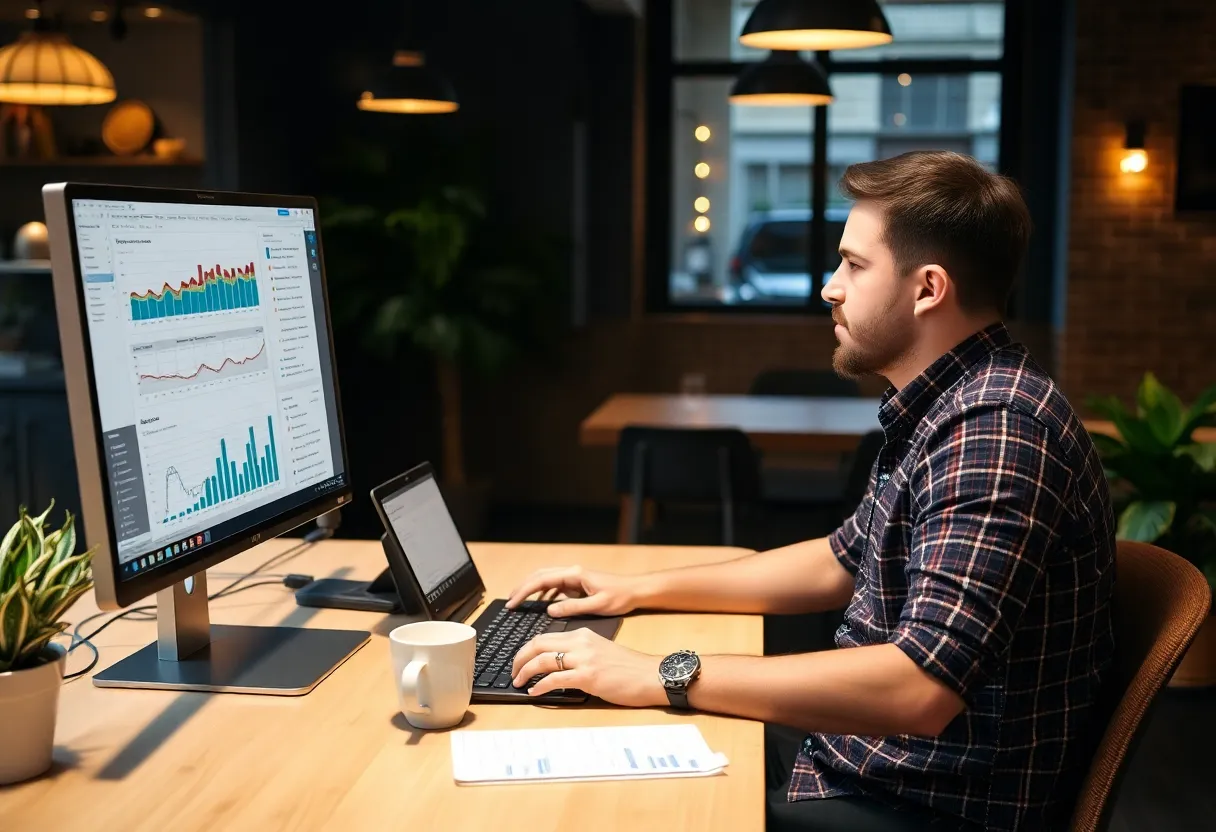 Solo founder at a desk reviewing analytics on dual monitors