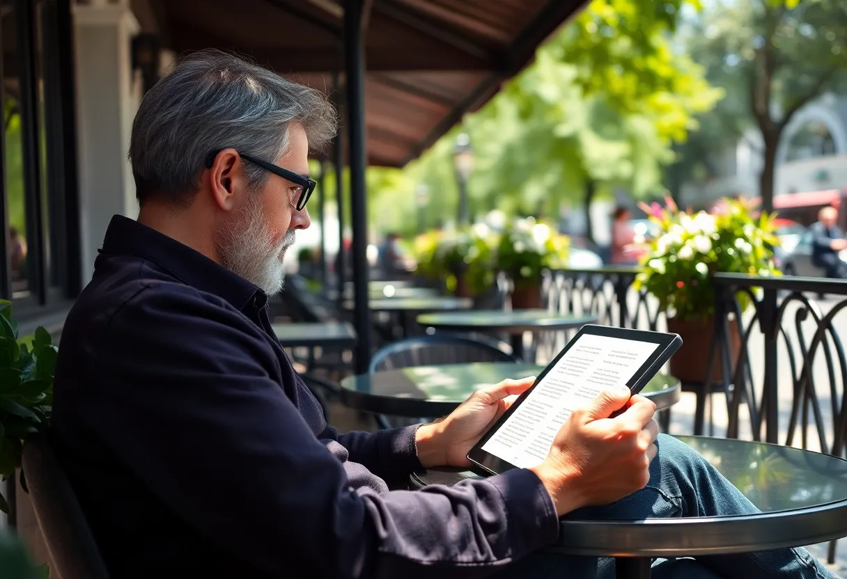 Outdoor cafe reading scenario with mixed natural light