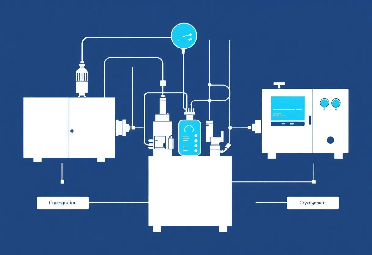 Stylized technical illustration suggesting cryogenic transfer plumbing