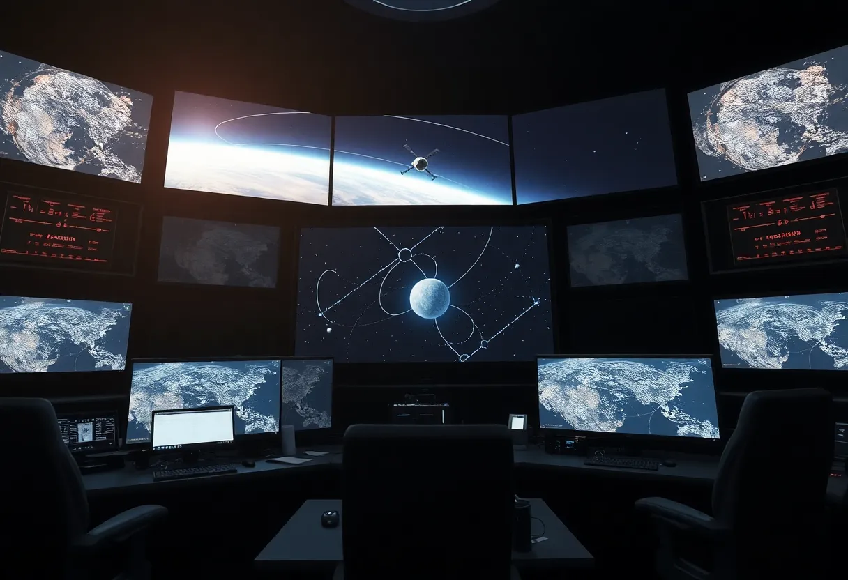 Mission control style room with trajectory displays