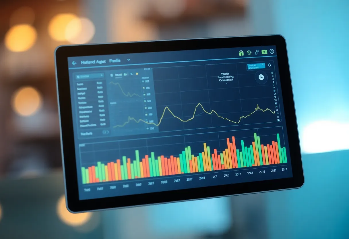 Tablet showing a stylized wireless spectrum or Wi-Fi analyzer visualization