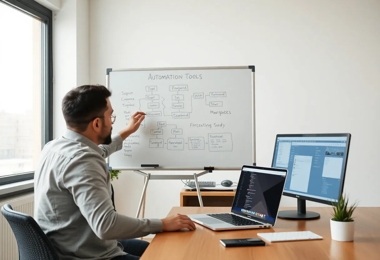 Developer comparing a whiteboard workflow sketch with automation software on a laptop