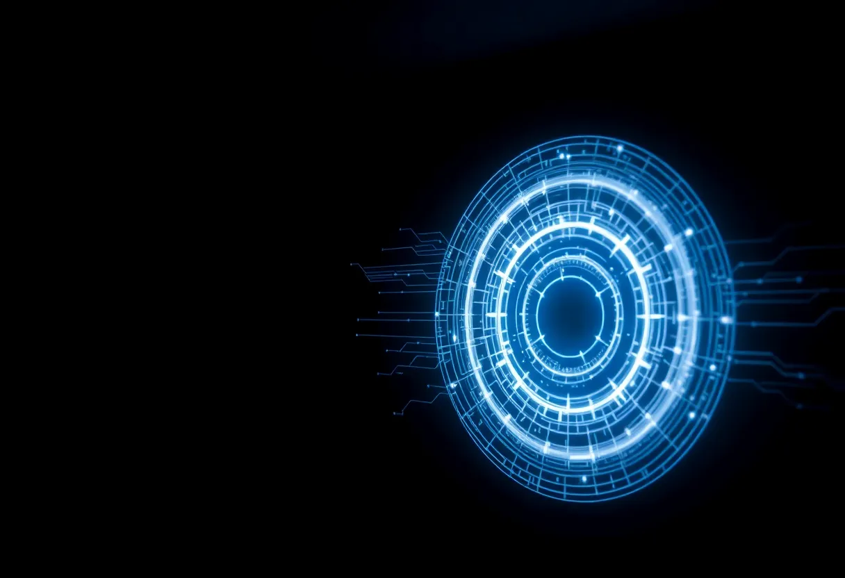 Abstract holographic projection suggesting a formal state machine diagram