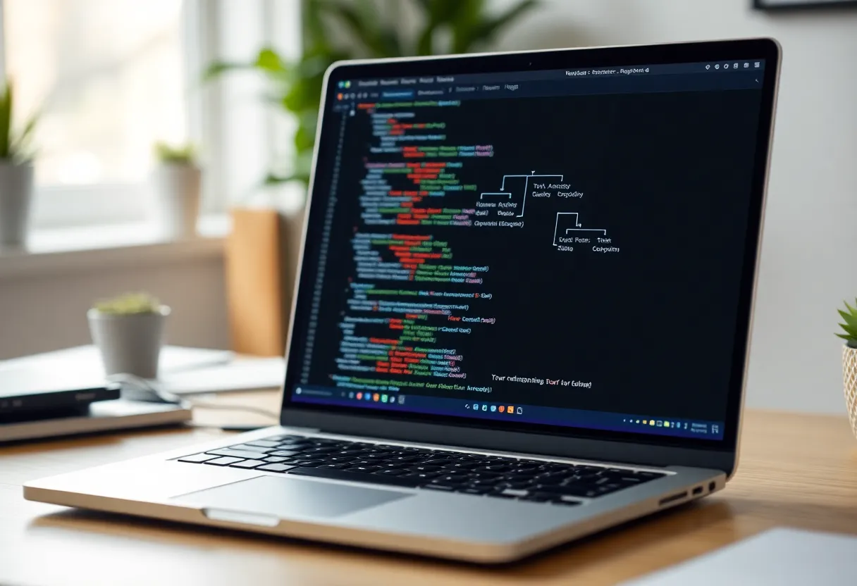 Laptop showing a no-code automation interface with a branching workflow diagram on an office desk