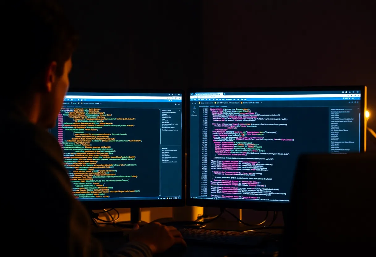 Developer at a dual-monitor workstation comparing webhook logs and API automation tools
