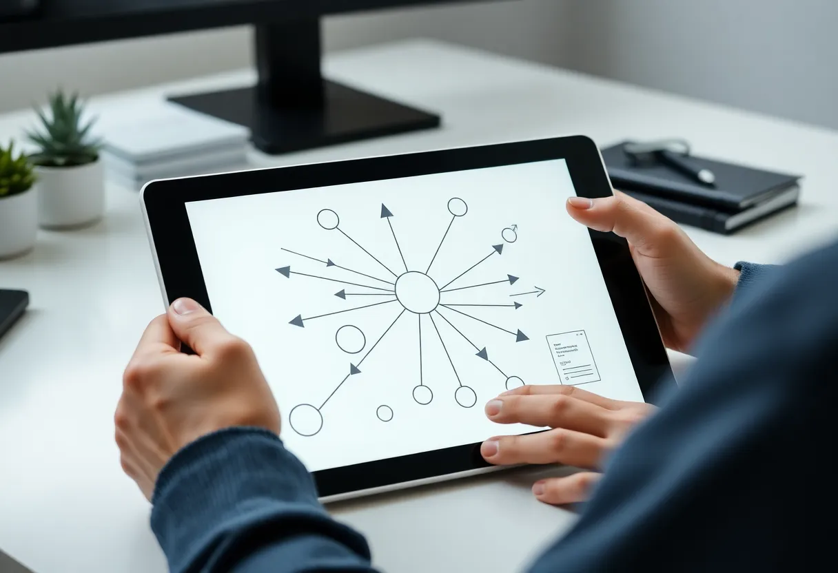 Person organizing a visual workflow with nodes on a tablet at a desk