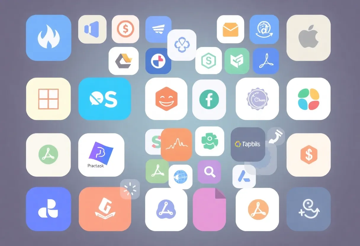 Abstract grid of colorful app tiles suggesting a crowded marketplace of small SaaS products