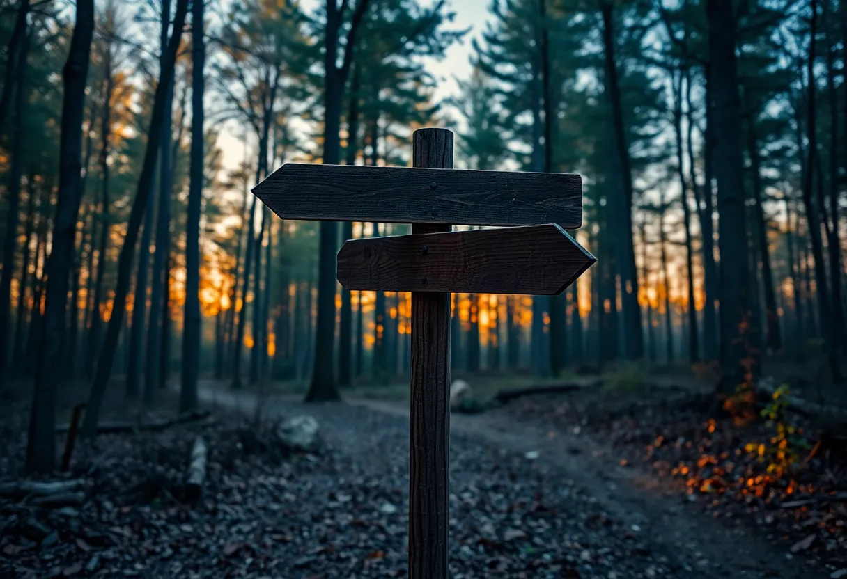 Forest trail with diverging paths at golden hour, metaphor for choosing business strategy