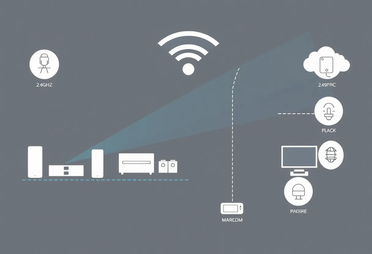 Diagram-style illustration of 2.4 GHz smart home mesh devices and wireless spectrum