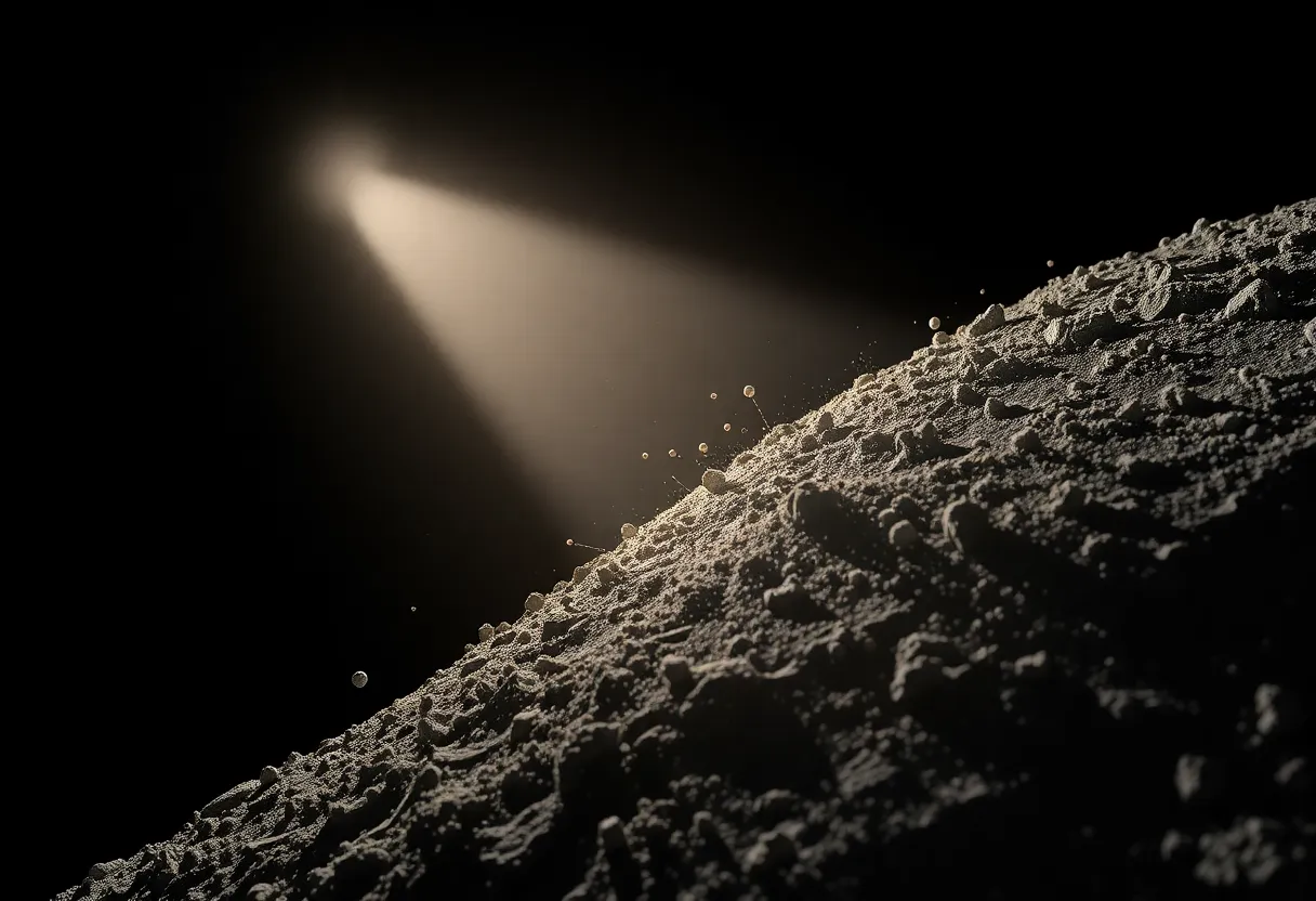 Artistic visualization of sharp lunar dust particles suspended in light