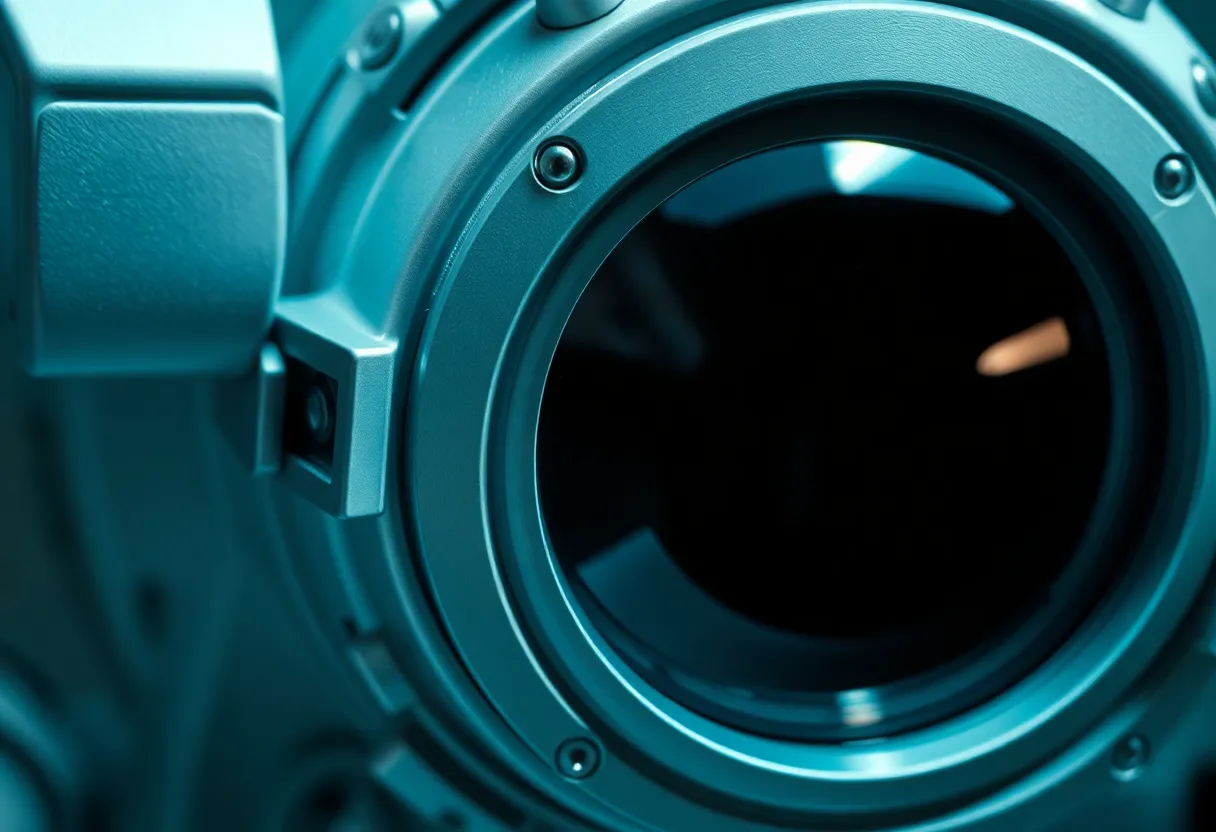 Macro detail of metallic rings suggesting precision suit hardware and seals