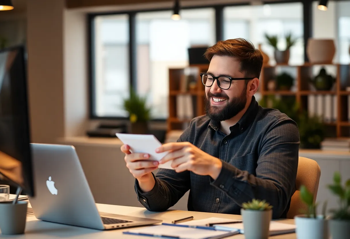 Founder doing personalized customer outreach on laptop with CRM-style sidebar in warm office light