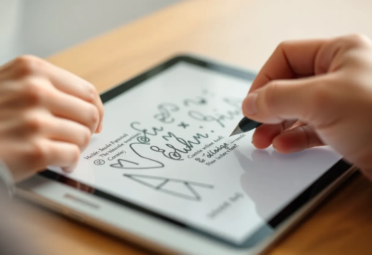 Close-up of handwriting and sketching on an e-ink tablet in daylight