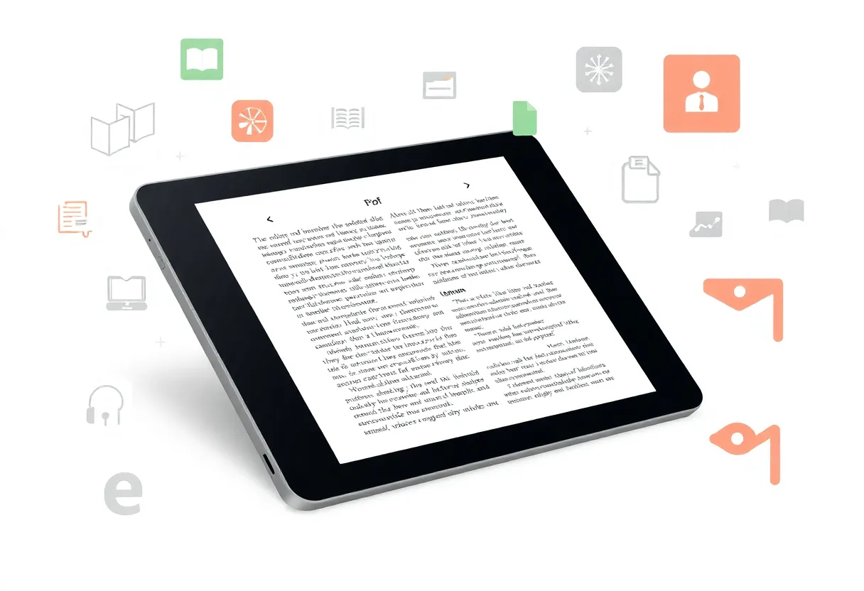 E-ink tablet display suggesting PDF reading and multiple reading apps