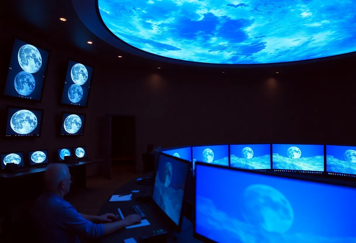 Mission control style room with screens suggesting lunar mission timeline monitoring