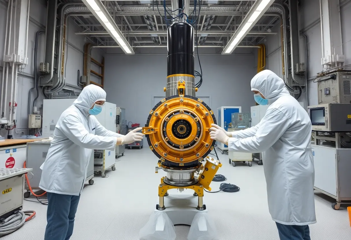 Engineers working on spacecraft hardware in a clean assembly facility