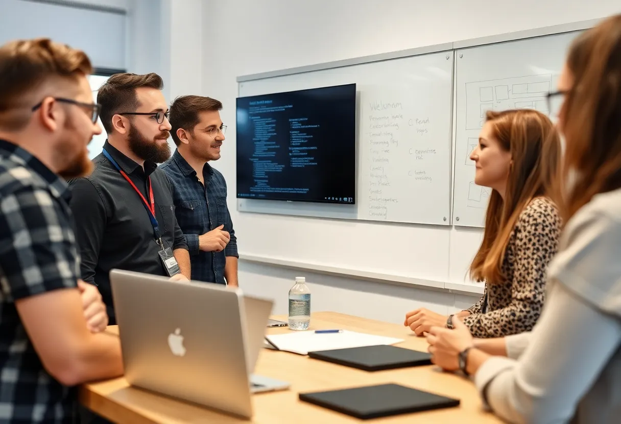 Developers collaborating at a whiteboard during architecture discussion