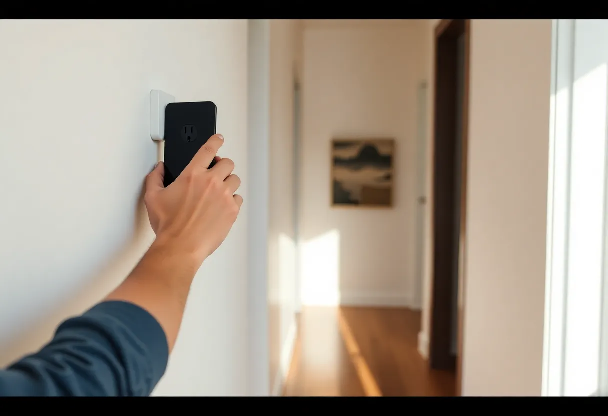 Person installing a smart plug style repeater in a home hallway