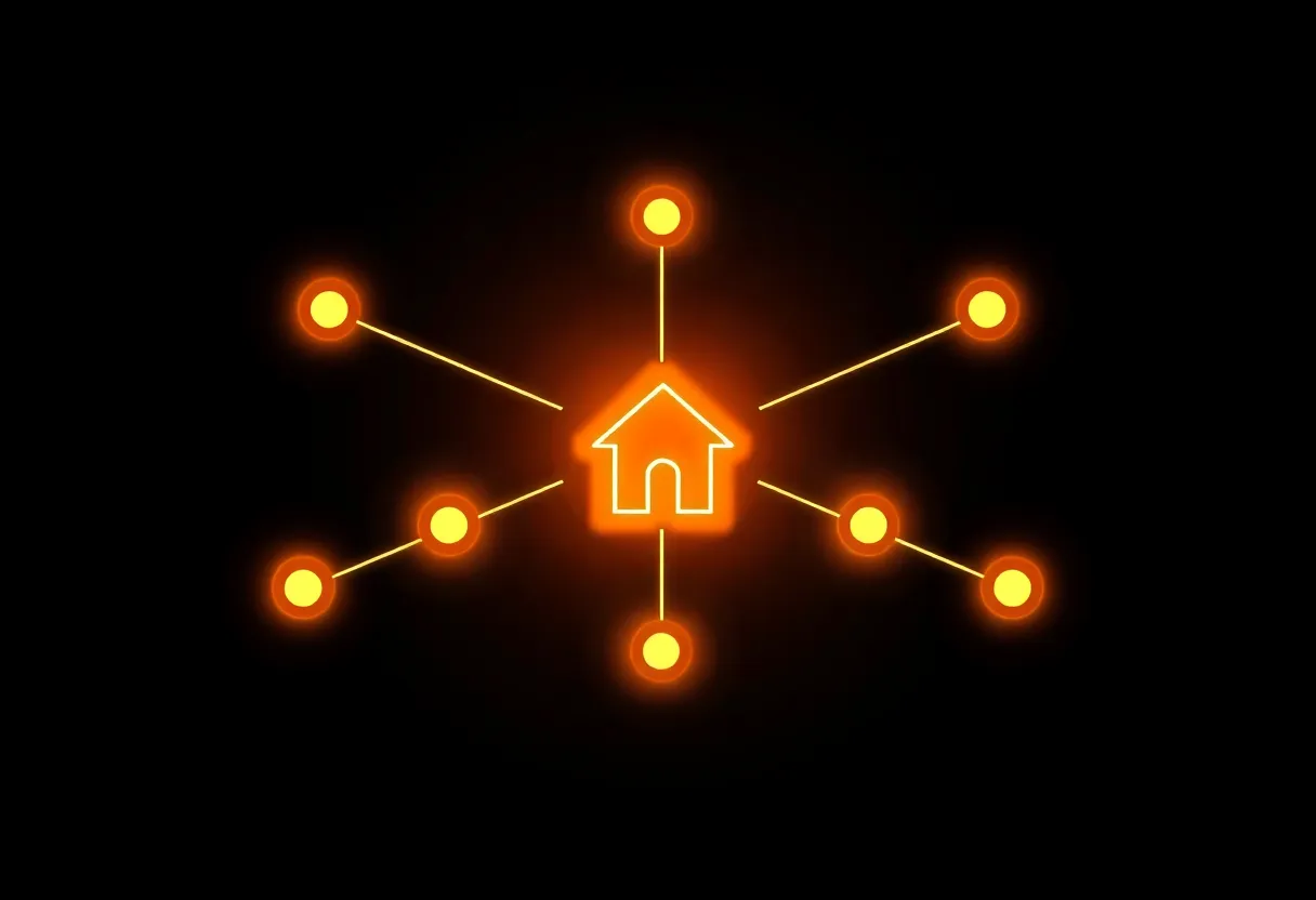 Abstract glowing mesh network suggesting primary hub and backup path