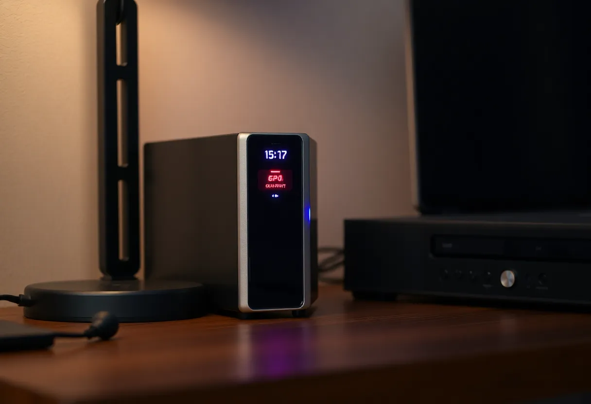 Small UPS and network switch on a desk suggesting resilient power for a home hub