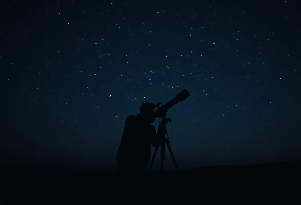 Silhouette of an amateur astronomer with a telescope under a starry sky